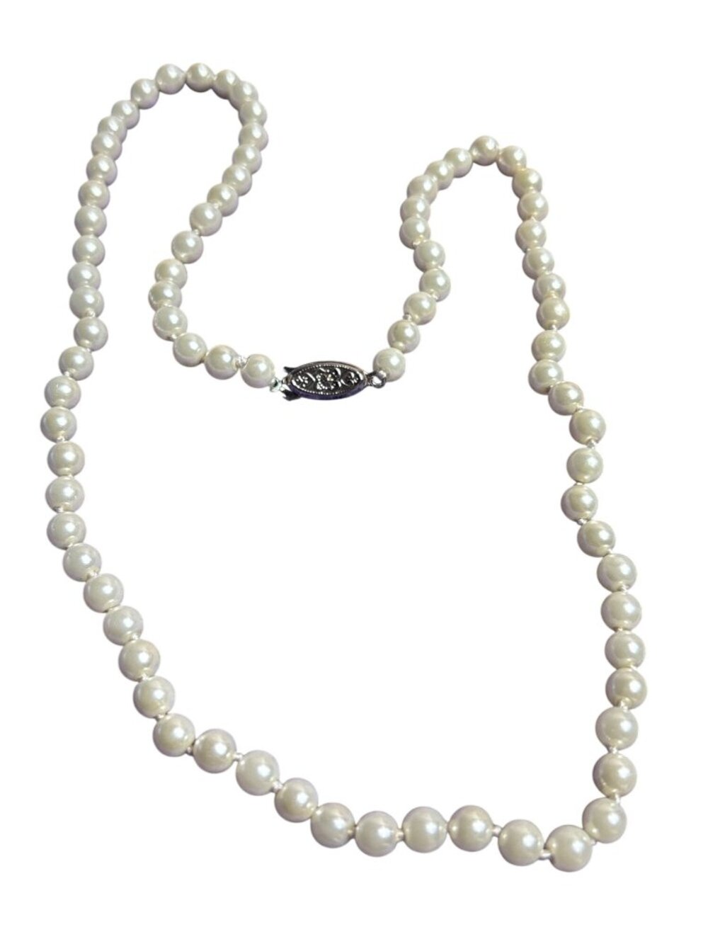Vtg Glass Faux Pearl Knotted Beaded Necklace Silvertone Fishhook Clasp 20 inches